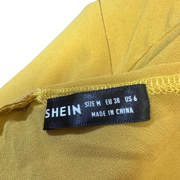 Mustard Yellow Wrap Dress By Shein  US 6 Medium Tiered Ruffle Skirt Long-Sleeve - Picture 6 of 9